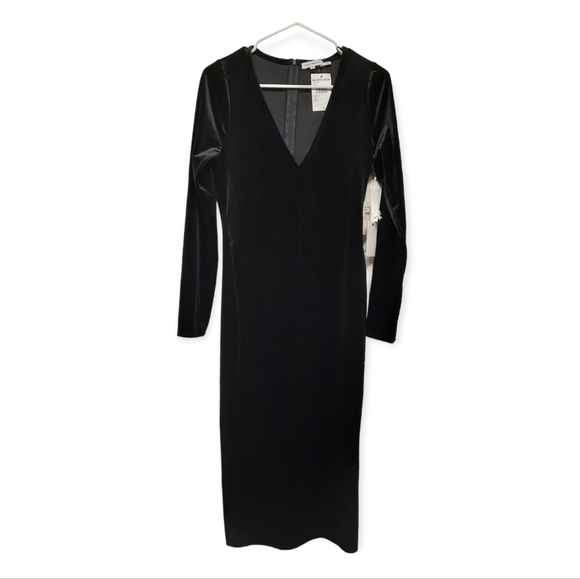 Good American Velvet Deep V Midi Dress Black Quiet Luxury New with Tags Size 2 - Picture 2 of 9